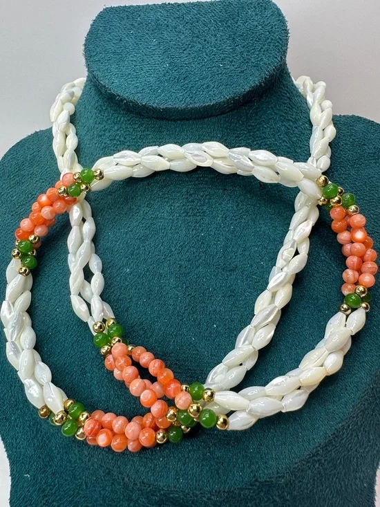 Vintage Mother Of Pearl Angel Skin Coral & Jade Bead Braided Necklace - Picture 2 of 8